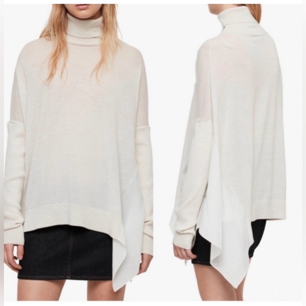 All Saints Women’s Alda Roll Neck Cream Sweater Size XS Merino Wool Asymmetrical